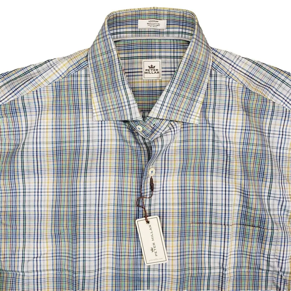 Peter Millar Men's Medium Classic Fit Plaid Cotton Shirt Blue Yellow NWT‎